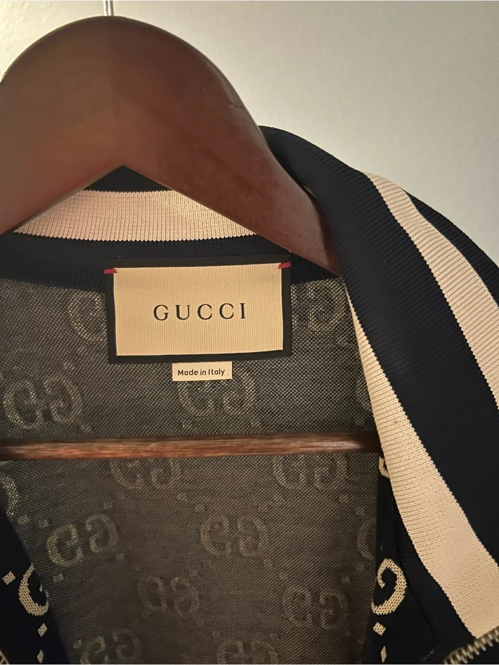 Gucci Navy GG Monogram Bomber Jacket with Red & White Stripes